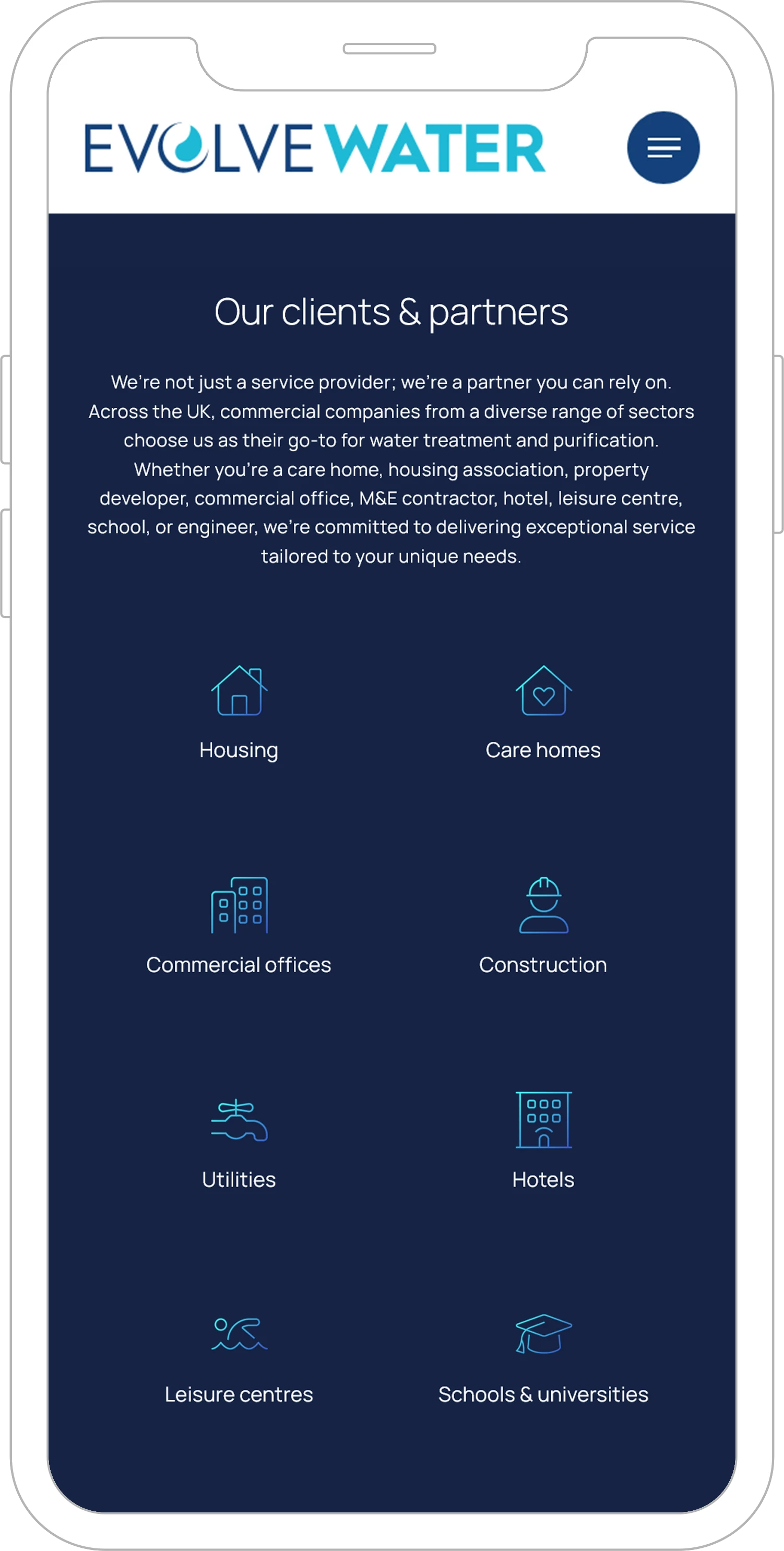 Evolve Water portfolio showcasing branding, graphic design, and custom website development for a sustainable water solutions company