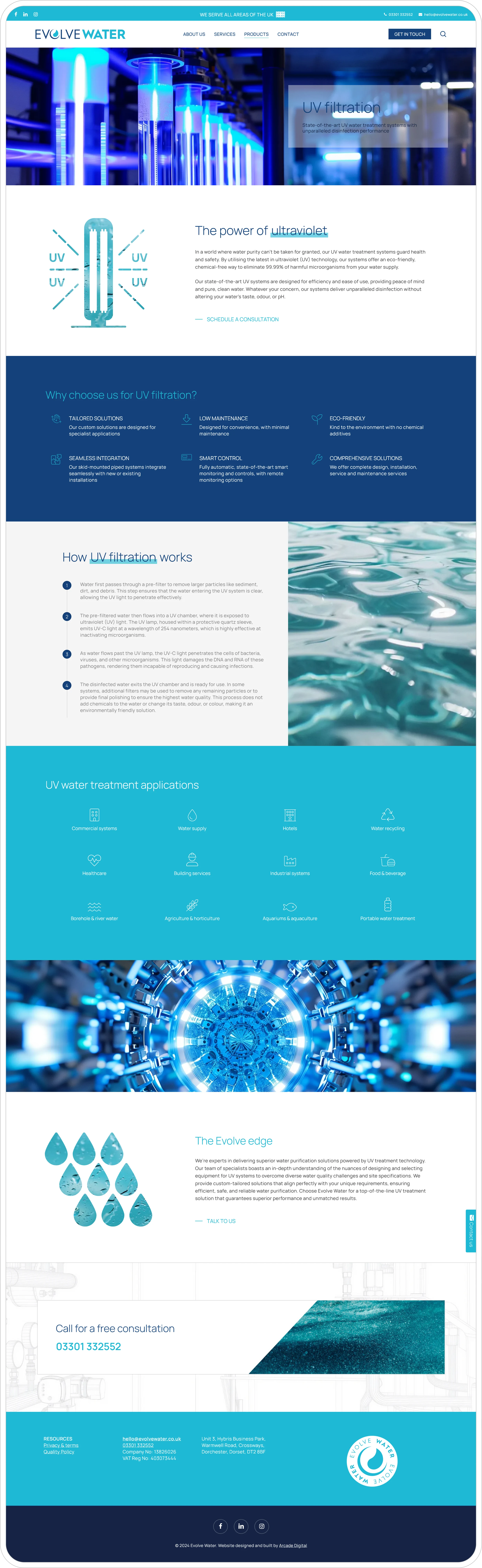 Evolve Water portfolio showcasing branding, graphic design, and custom website development for a sustainable water solutions company